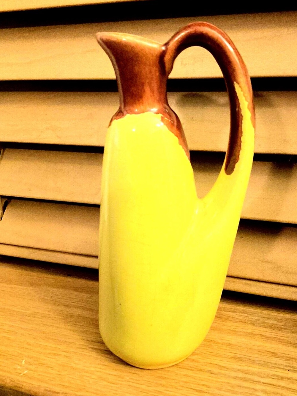 Vintage Pitcher MONTEREY Pottery YELLOW w/brown Jug Vase w/handle 6" tall MCM